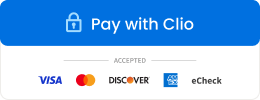 Pay with Clio. Accepted: Visa, Mastercard, Discover, eCheck.