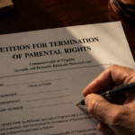 Hands holding a pen while reviewing a petition for the termination of parental rights.