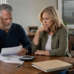 "Military couple in Virginia reviewing pension and retirement pay documents during a divorce.
