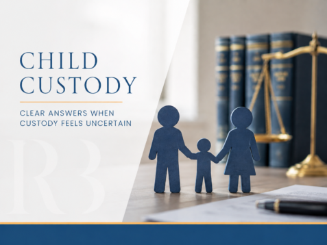 Paper family figures of two parents and a child beside scales of justice, representing Rinehart Bryant child custody services