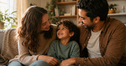 Parents and their young child sitting together on a couch in their Virginia home, sharing a happy moment after adoption.