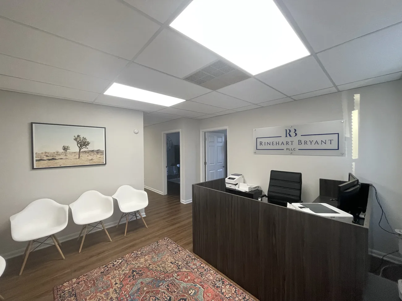 The reception and waiting area at the Rinehart Bryant family law office in Stafford, Virginia